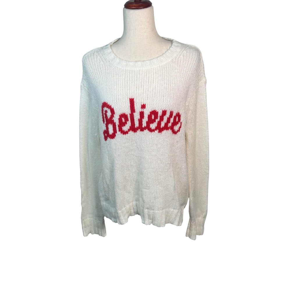 Wooden Ships Believe Graphic Sweater Women XS/S White Mohair Wool Holiday Cozy